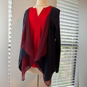 Size L navy cardigan w red stripes.